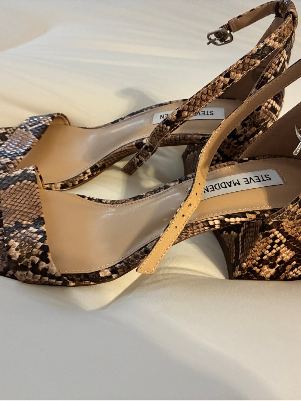 Steve Madden Brown Snake-Print Ankle Strap Block Heels